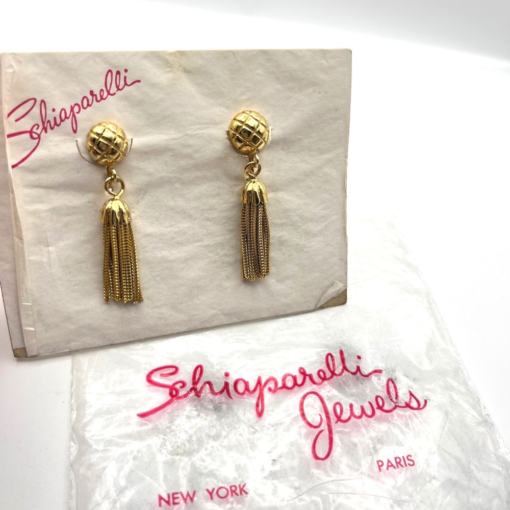 Schiaparelli Vintage Gold Tone Quilted Stud Chain Tassel Screw Back Earrings